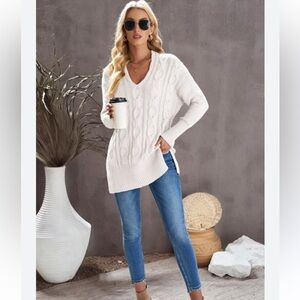 Free People Cream V-Neck Cable Knit Sweater
